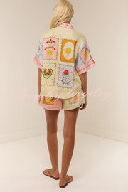 Lily Song Linen Blend Unique Print Short Sleeve Shirt and Belted Pocket Shorts Set