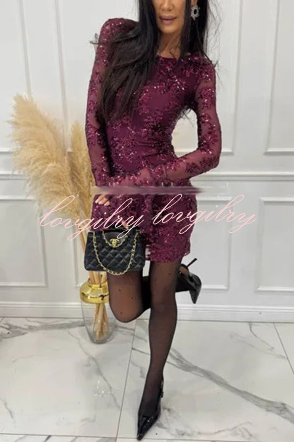 Deep and Dazzling Floral Texture Sequin Long Bell Sleeve Open Back Mini Dress