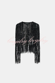 Party Crasher Layered Sequined Tassels Long Sleeve Loose Jacket