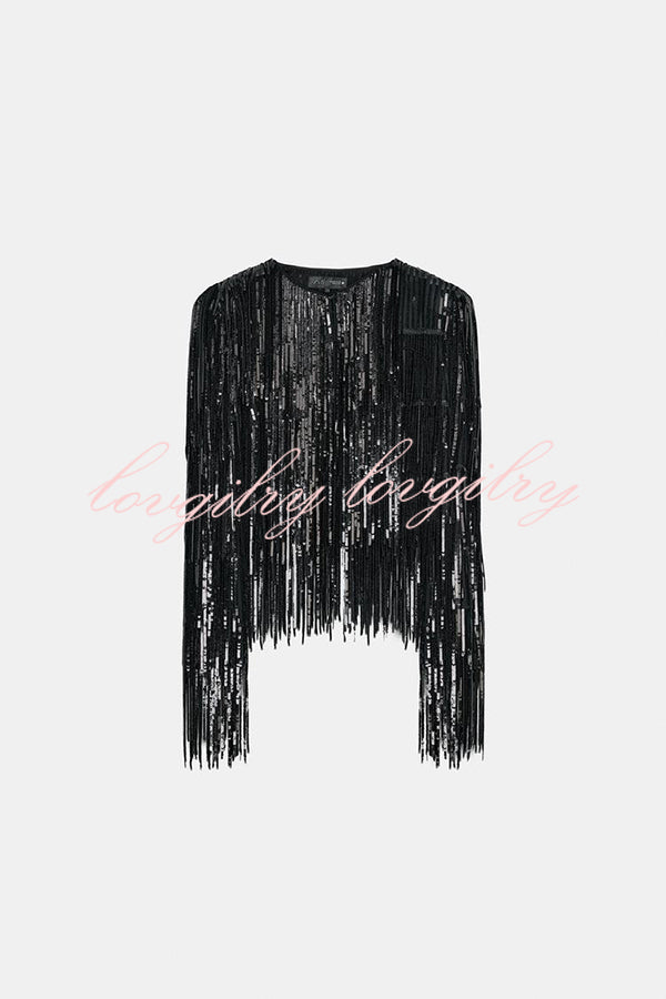 Party Crasher Layered Sequined Tassels Long Sleeve Loose Jacket