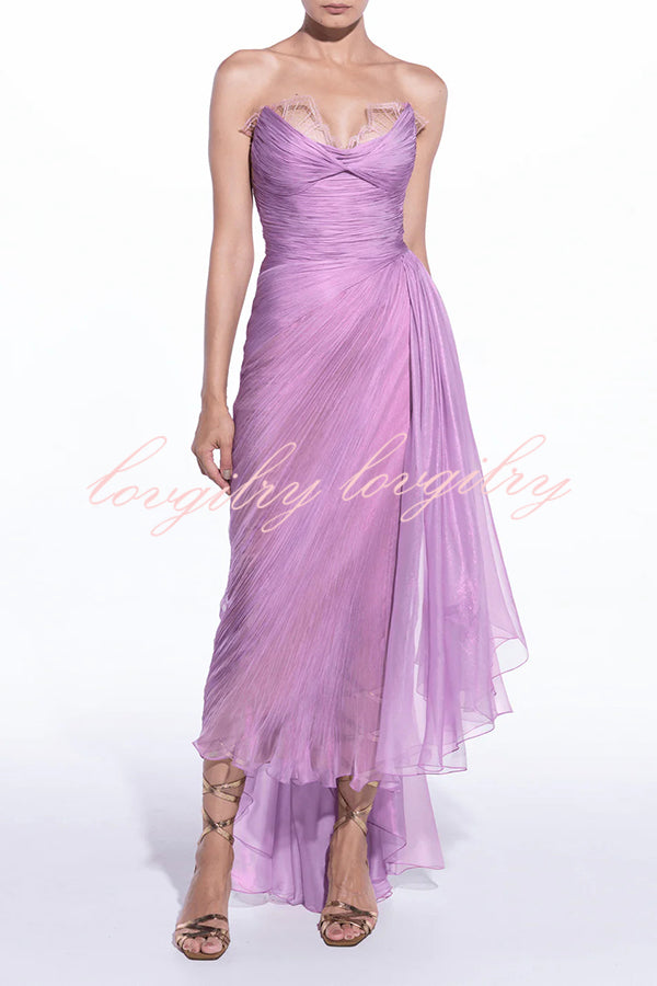 Julie Tulle Lace Trim Off Shoulder Ruched Back Lace-up Drape Slit Maxi Dress