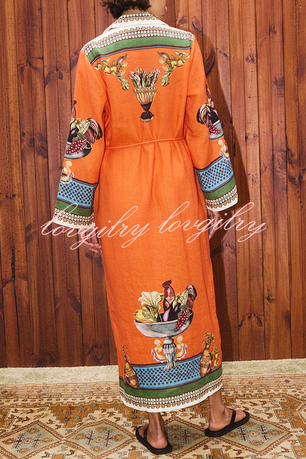 Linen Blend Unique Print Tie-waist Casual Maxi Dress