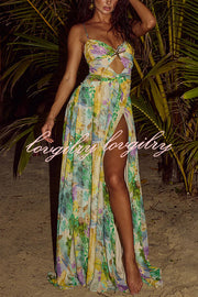 Resort Style Printed Starfish Brooch Cutout Ruched Slit Maxi Dress