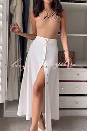 Stylish Sleeveless Stretch Fit Top and Relaxed Buttoned Slit Maxi Skirt Set