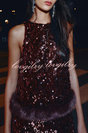 Gala Goddess Sequin Faux Fur Trim Crew Neck Sleeveless Loose Top