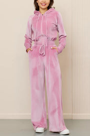 Solid Color Velvet Hooded Zip-up Sweatshirt and Elastic Waist Casual Pocket Straight-leg Pants Set