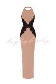 Sexy Halterneck Lace Paneled Backless Slim Maxi Dress