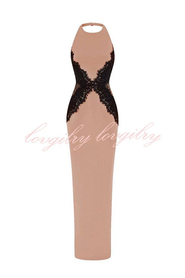 Sexy Halterneck Lace Paneled Backless Slim Maxi Dress