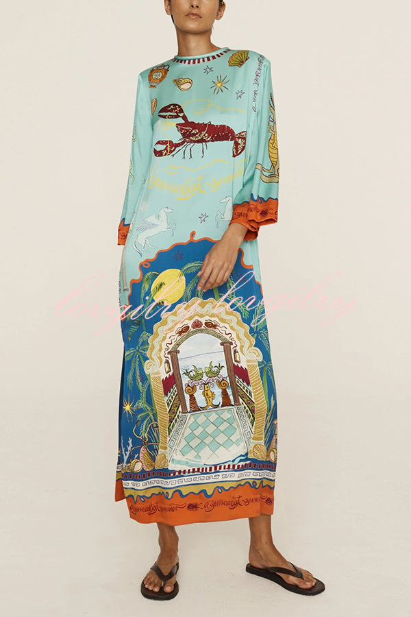 Satin Unique Print Long-sleeve Tie-waist Slit Maxi Dress