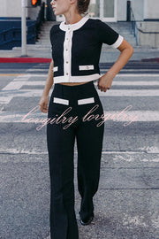 Fashionable Contrast Color Short-sleeved Button-down Top