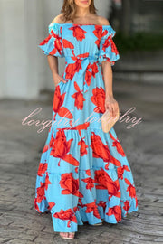 Floral Print Waist Belted Slim Fit Off The Shoulder Maxi Dress