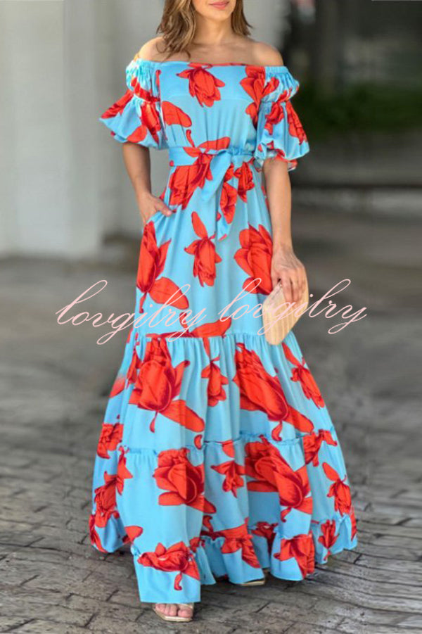 Floral Print Waist Belted Slim Fit Off The Shoulder Maxi Dress