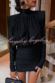 Stylish High-Neck Long-Sleeved Slim-Fit Pleated Mini Dress