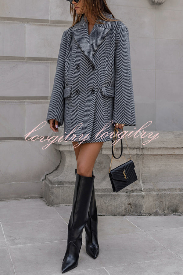 Fashion Stripe Print Lapel Pocket Coat