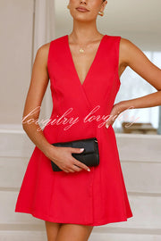 Solid Color Sleeveless V Neck Button Casual Mini Dress