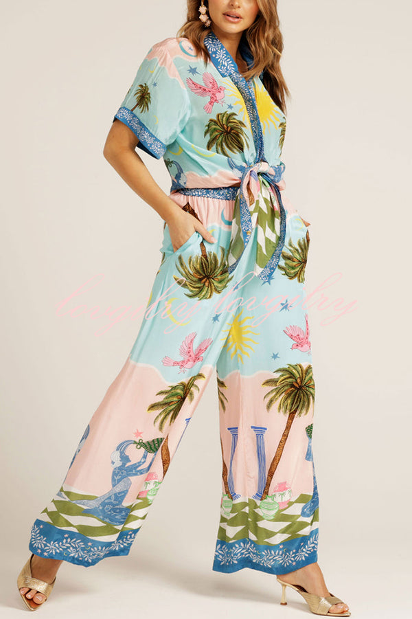 Summer Vacation Print Short Sleeve Shirt and Elastic Waist Pocket Pants Set