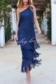 Stylish Fringed One Shoulder Asymmetric Midi Dress