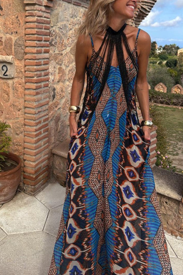 Unique Printed Suspender Pocket Full Hem Loose Holiday Maxi Dress