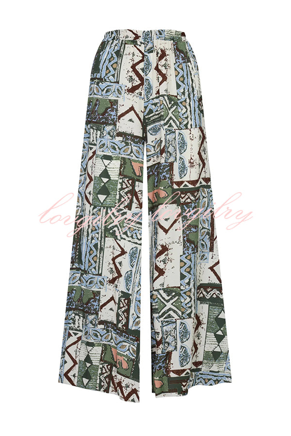 Terrace View Off Shoulder Tie Loose Top and Elastic Waist Unique Print Loose Pants Set