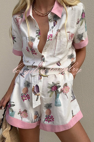 Plant Print Lapel Short Sleeves Loose Pocket Waist Tie Casual Rompers