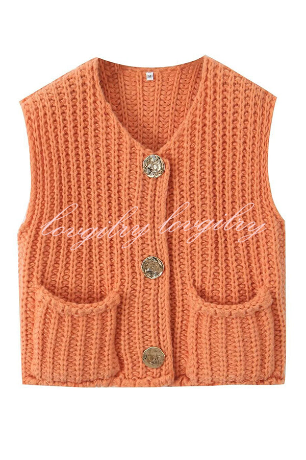 Solid Color Sleeveless Pocket Knitted Vest