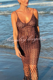 Malia Crochet Knit Hollow Out Tassle Trim Back Tie-up Cover-up Tank