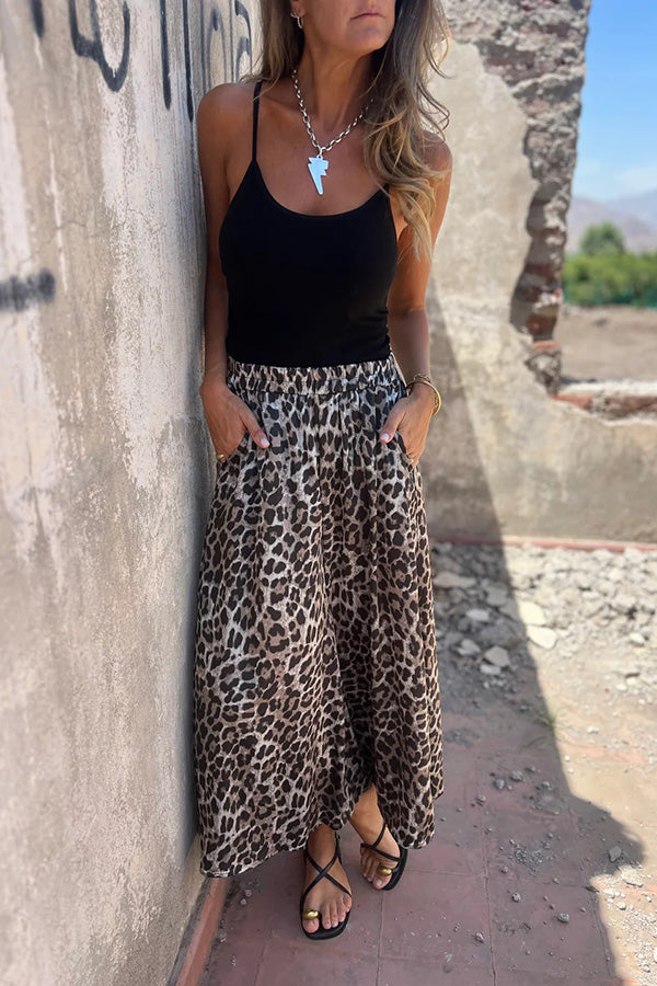 Leopard Print Elastic Waist Loose Pocket Wide Leg Pants