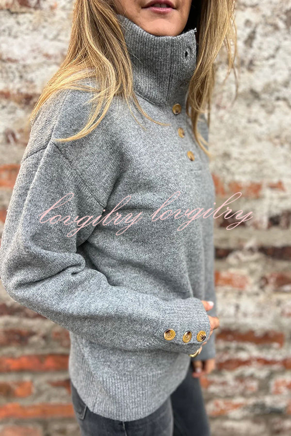 Solid Color High Collar Button Loose Long Sleeve Knitted Sweater