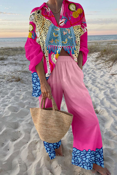Leopard Butterfly Print Oversized Shirt and Elastic Waist Pocket Pants Set
