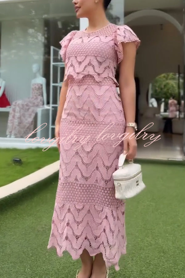 Elouise Wave Dot Embroidery Lace Back Tie-up Top and Elastic Waist Maxi Skirt Set
