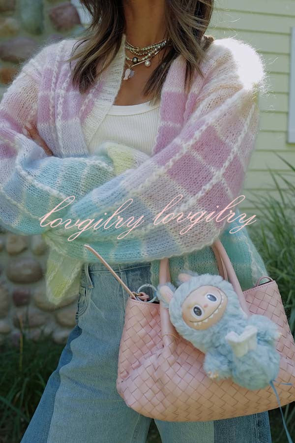 Palette Day Knit Color Blocks Open Front Balloon Sleeve Loose Cardigan