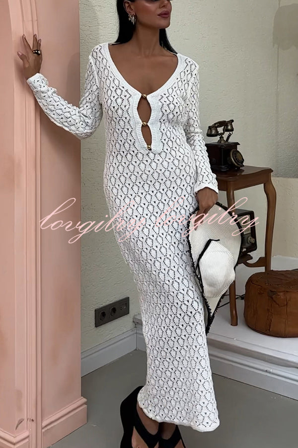 Fashion V-neck Long-sleeved Hollow Slim Maxi Dress