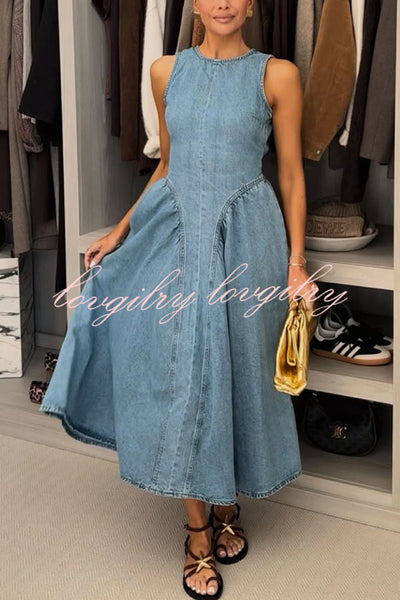 Classic and Stylish Denim Open Back Tie-up Gathered Hip Stretch Midi Dress
