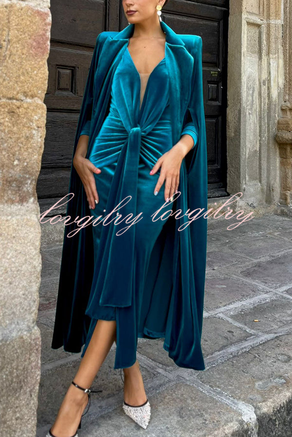 Olivienne Luxurious Velvet Padded Shoulders Slit Sleeve Lapel Midi Cape