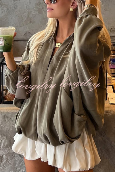Fashion Lapel Loose Puff Long Sleeve Casual Zipper Jacket