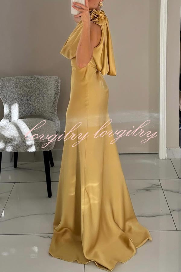 Getting Pretty Satin Flower Decoration Cowl Neck Party Maxi Dress