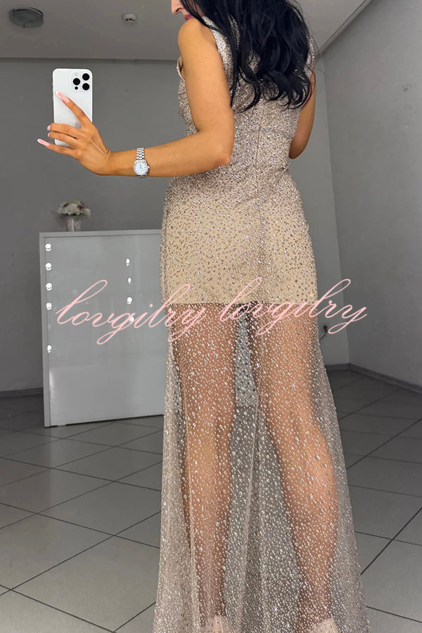 Olivia See-through Mesh Sequin Fabric Warp V-neck Party Maxi Dress