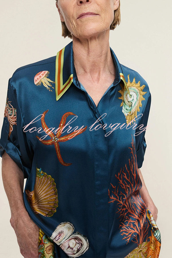 Linen Blend Unique Print Lapel Short Sleeve Shirt and Elastic Waist Loose Pocket Wide Leg Pants Set