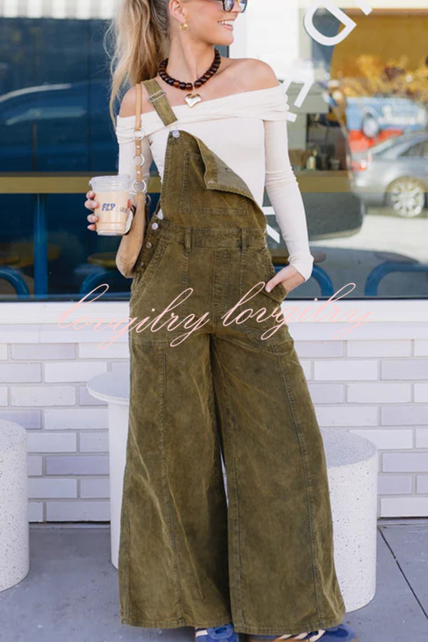 Falling Leaves Corduroy Metal Buckle Pocket Wide Leg Jumpsuit Overalls