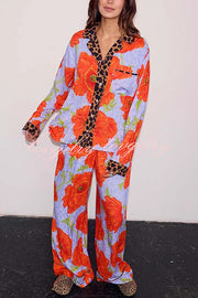 Color-block Poppy Leopard Print Trim Loose Shirt and Elastic Waist Pocketed Pajama Set