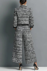 Stylish Long-sleeved Single-breasted Short Jacket and Casual Pocket Wide-leg Pants Sets