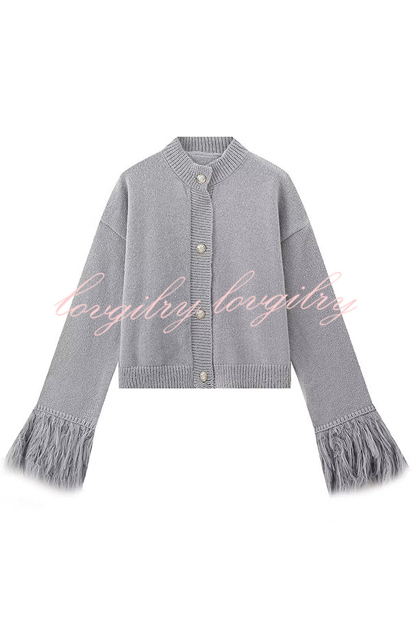 Solid Color Elegant Feather Long Sleeve Casual Knitted Cardigan