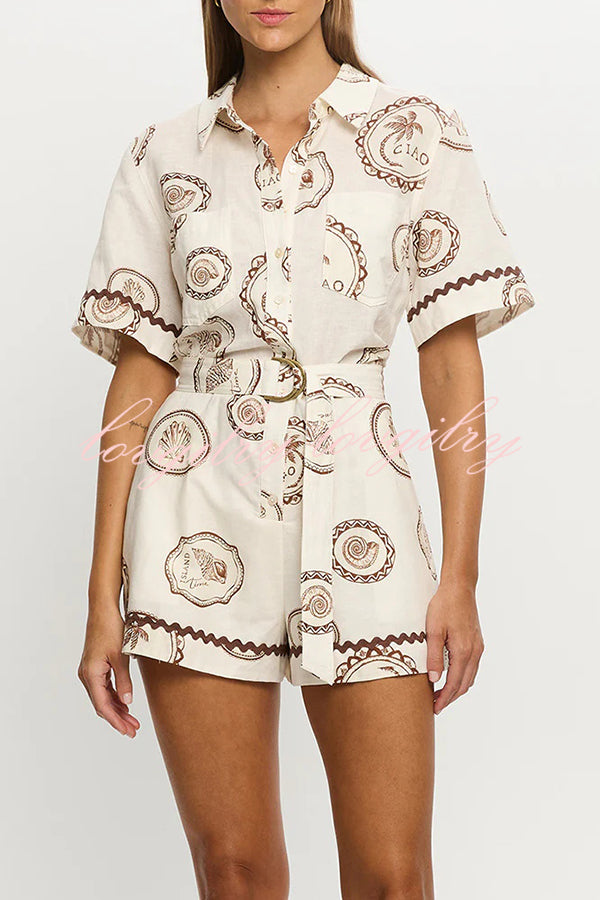 Resort Style Print Lapel Short Sleeves Casual Pocket Waist Tie Loose Rompers