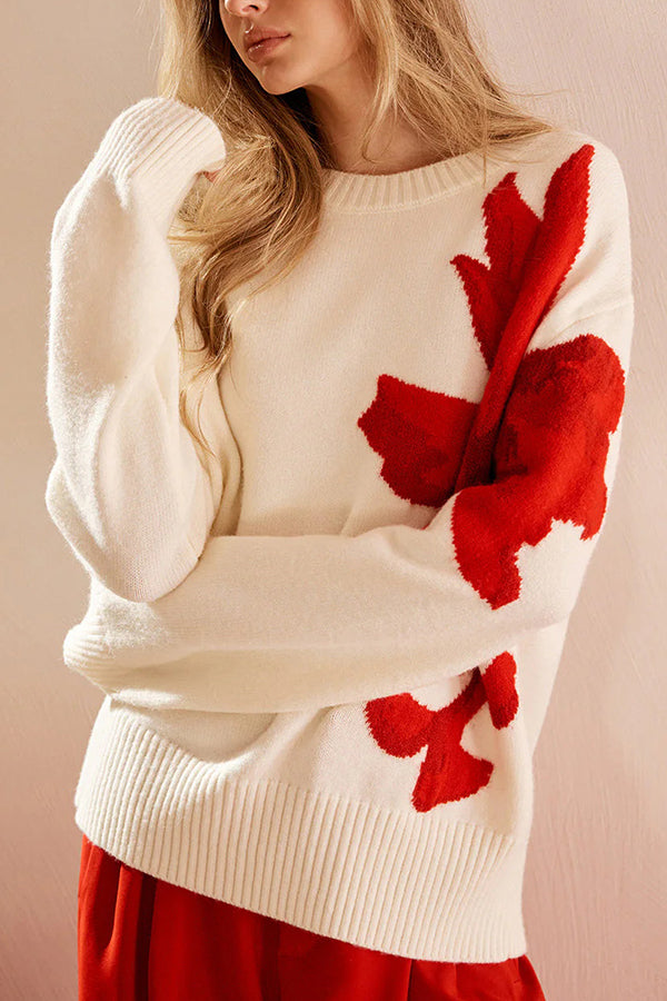 Fashionable Color-blocked Floral Loose Long-sleeved Knit Sweater