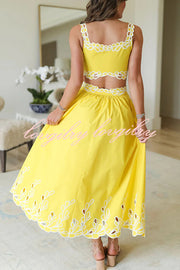 Perfect Vacation Embroidered Trim Crop Tank and Elastic Waist A-line Maxi Skirt Set