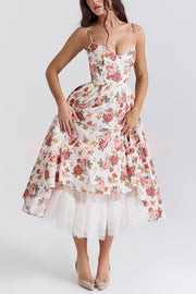 Fairy Tale Gorgeous Italian Rose Print Tulle Slip Midi Dress