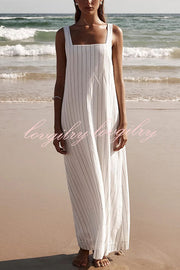 Simple and Stunning Linen Blend Pinstripe Detail Square Neck A-line Maxi Dress