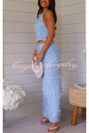 Feel Chic and Romantic Sequin Textured Material Back Elastic Halter Tie Tank and Drawstring Waist Tiered Maxi Skirt Set