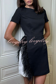 Marcelle Feather Trim Short Sleeve Color-block Him Mini Dress