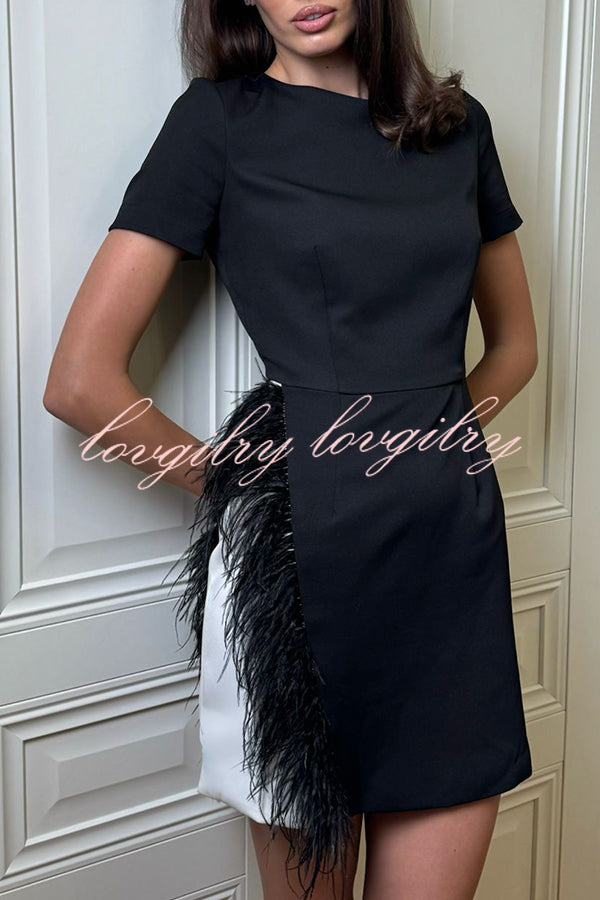 Marcelle Feather Trim Short Sleeve Color-block Him Mini Dress